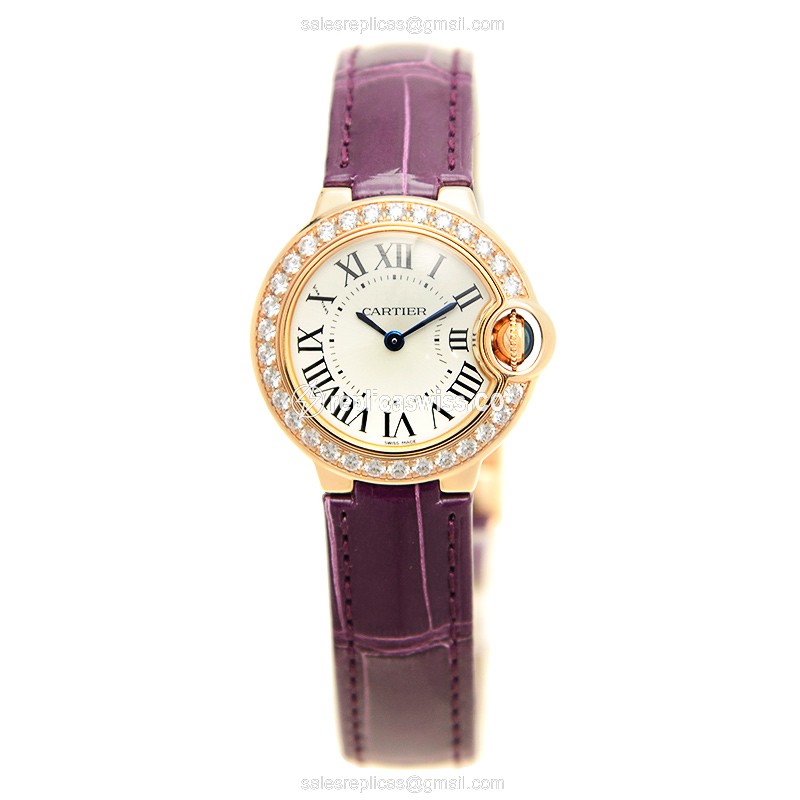 Cartier Ballon Bleu Quartz 18kt Rose Gold - Diamond Dial - Silver - Alligator Purple Strap - View 2