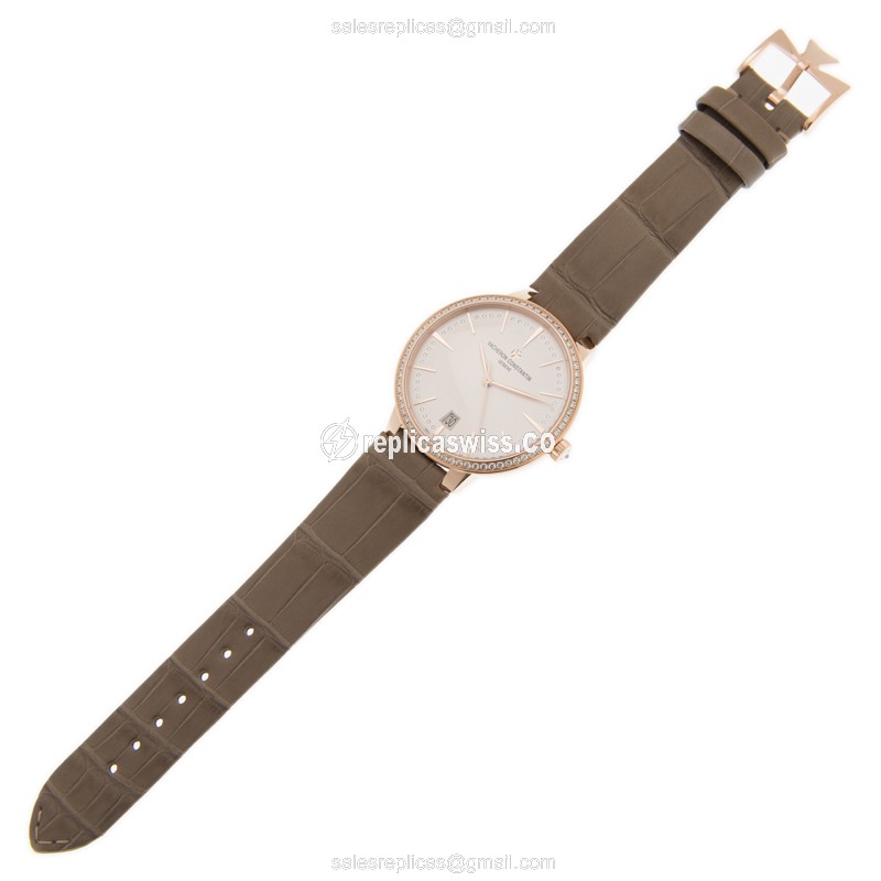 Vacheron Constantin 85515/000R-9840 Replica - Automatic - Rose Gold Case - Diamond - White Dial - Brown Alligator Strap - View 2