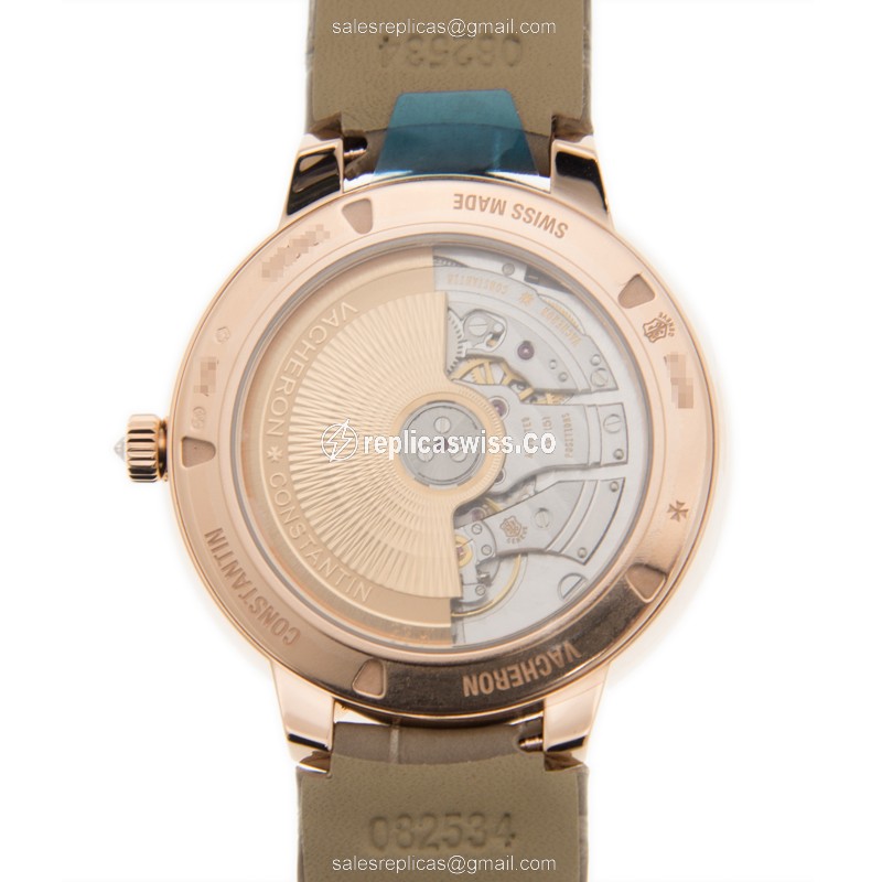 Vacheron Constantin 85515/000R-9840 Replica - Automatic - Rose Gold Case - Diamond - White Dial - Brown Alligator Strap - View 3