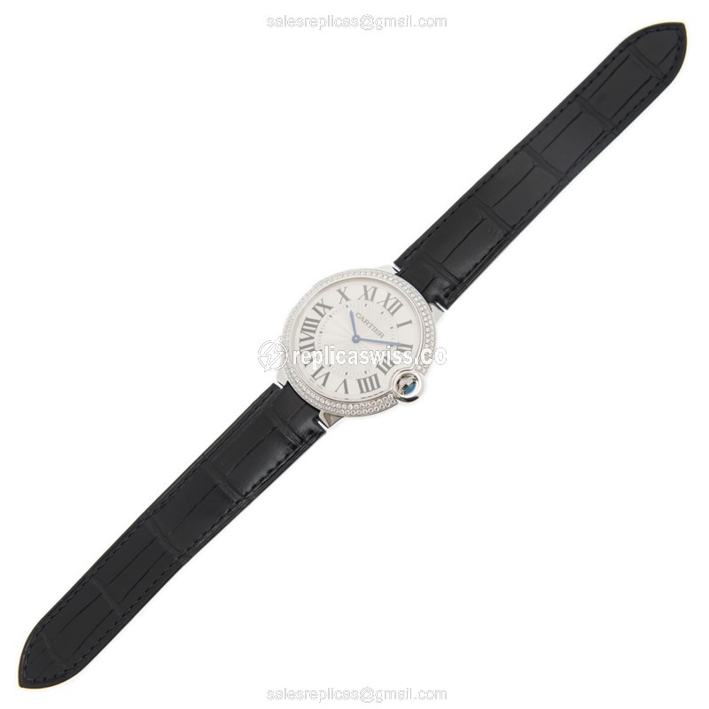 Cartier Ballon Bleu Replica - Manual - 18kt White Gold - Diamond - Silver Dial - Black Alligator Strap - View 2
