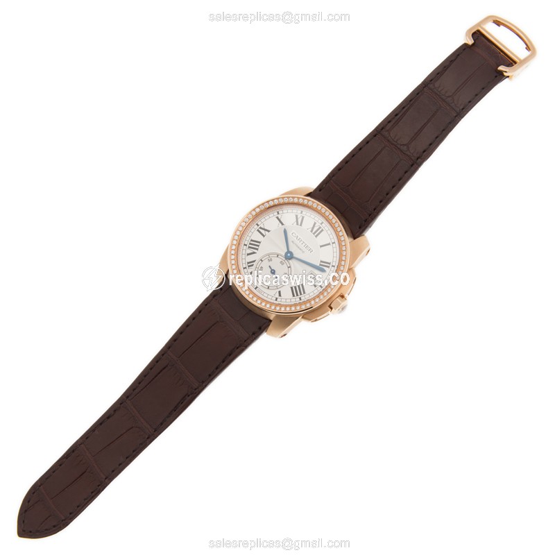 Cartier WF100013 Replica - Automatic - 18kt Rose Gold Case - Diamonds - Silver Dial - Brown Alligator Strap - View 2