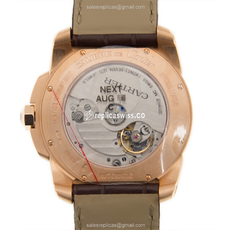 Cartier WF100013 Replica - Automatic - 18kt Rose Gold Case - Diamonds - Silver Dial - Brown Alligator Strap - View 3