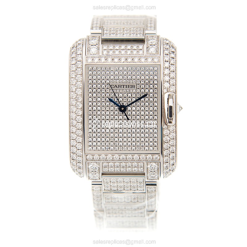 Cartier TANK Replica - Automatic - 18kt White Gold - Diamond - Silver Dial - View 2