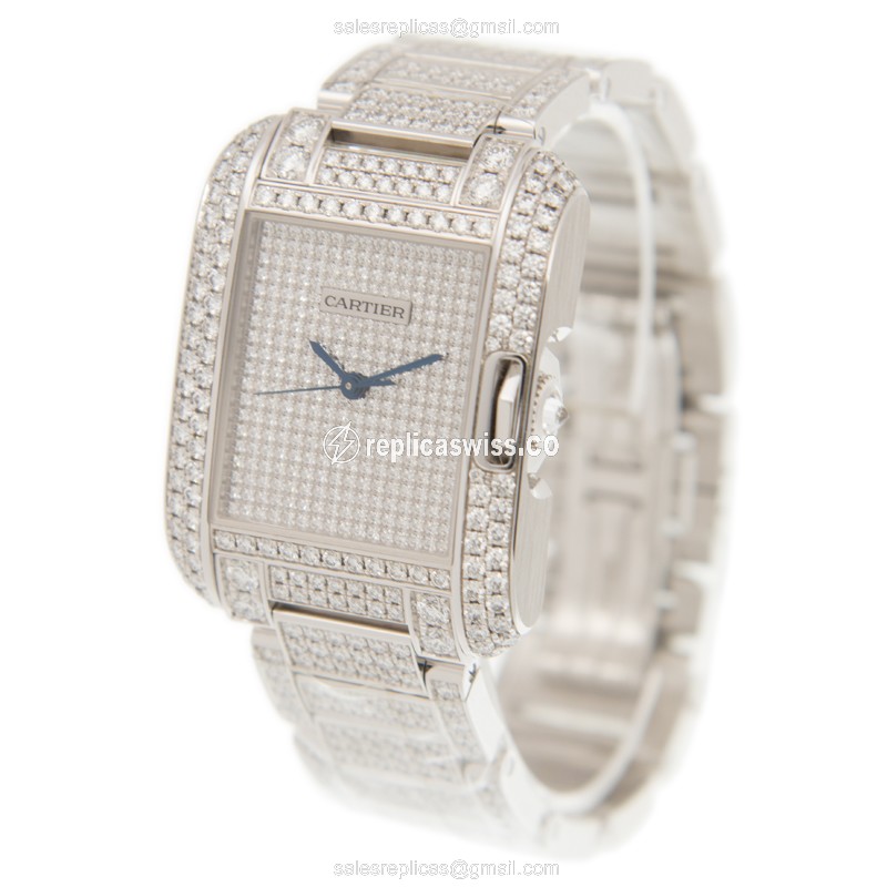 Cartier TANK Replica - Automatic - 18kt White Gold - Diamond - Silver Dial - View 3