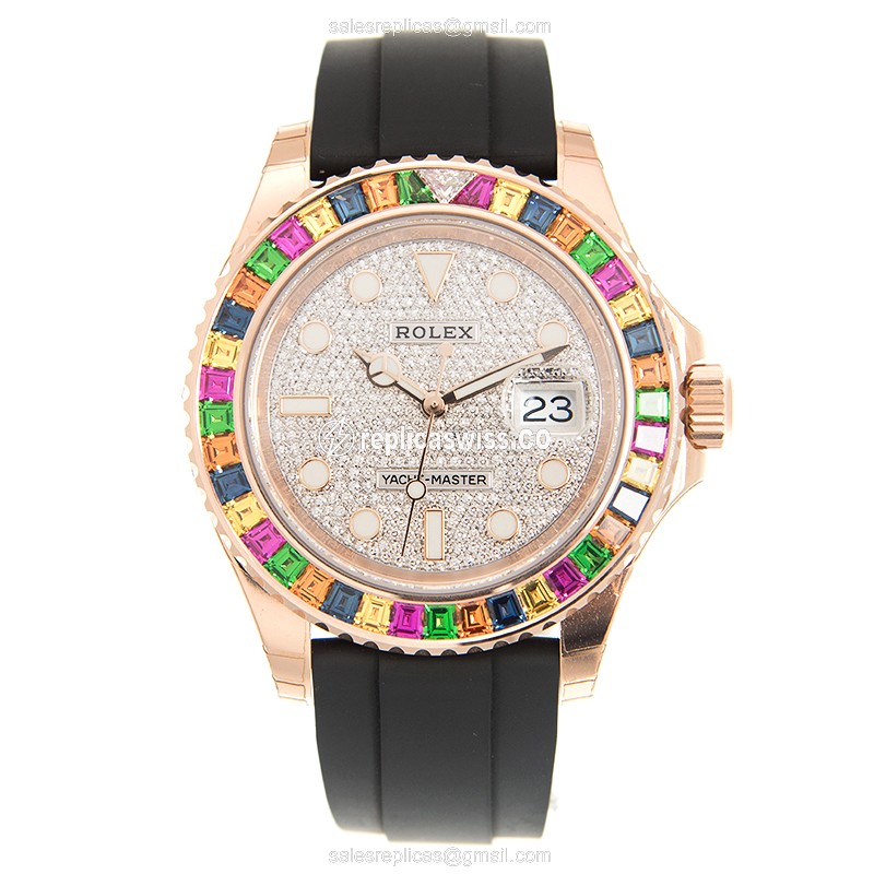 Rolex Yacht Master Replica - Automatic - 18kt Rose Gold Case - Sapphire - Silver Dial - Black Rubber Strap - View 2