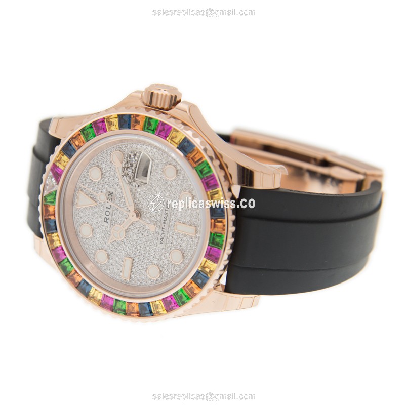 Rolex Yacht Master Replica - Automatic - 18kt Rose Gold Case - Sapphire - Silver Dial - Black Rubber Strap - View 3