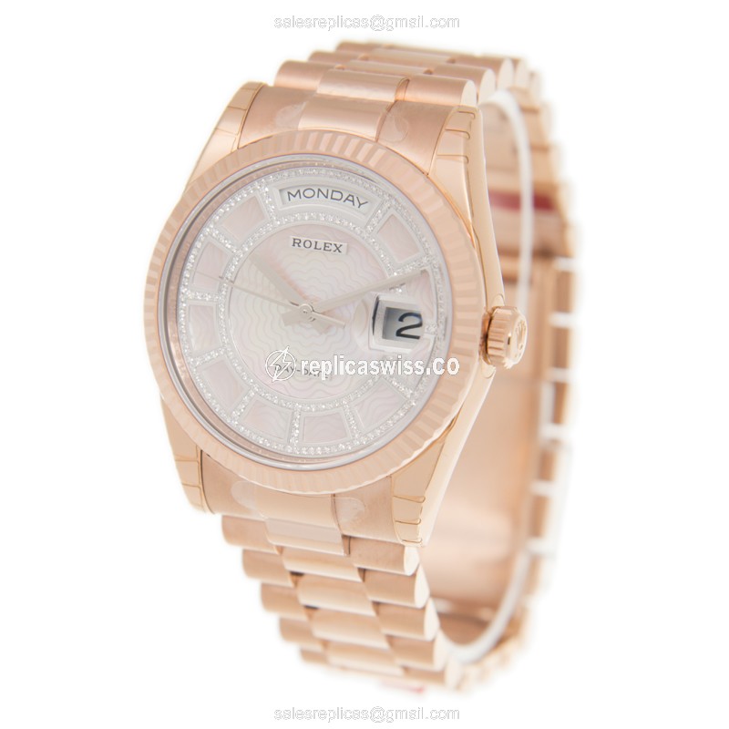 Rolex DAY-DATE Replica - 18kt Gold Case - Automatic Movement - Pink Dial - View 3