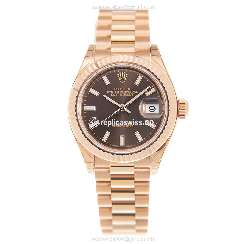Rolex Lady Datejust Replica - Automatic - 18kt Gold Case - Brown Dial - View 2