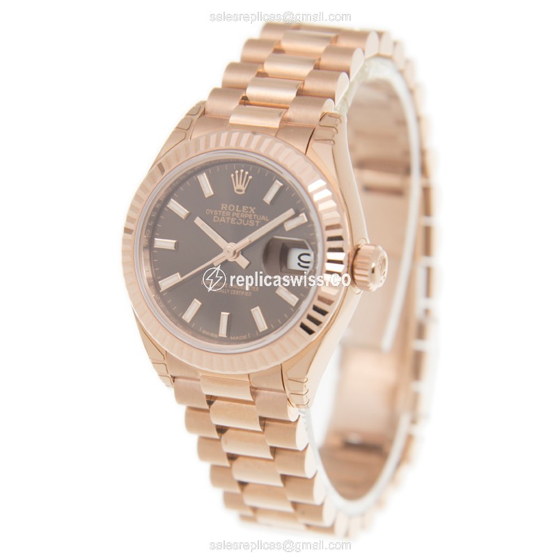 Rolex Lady Datejust Replica - Automatic - 18kt Gold Case - Brown Dial - View 3