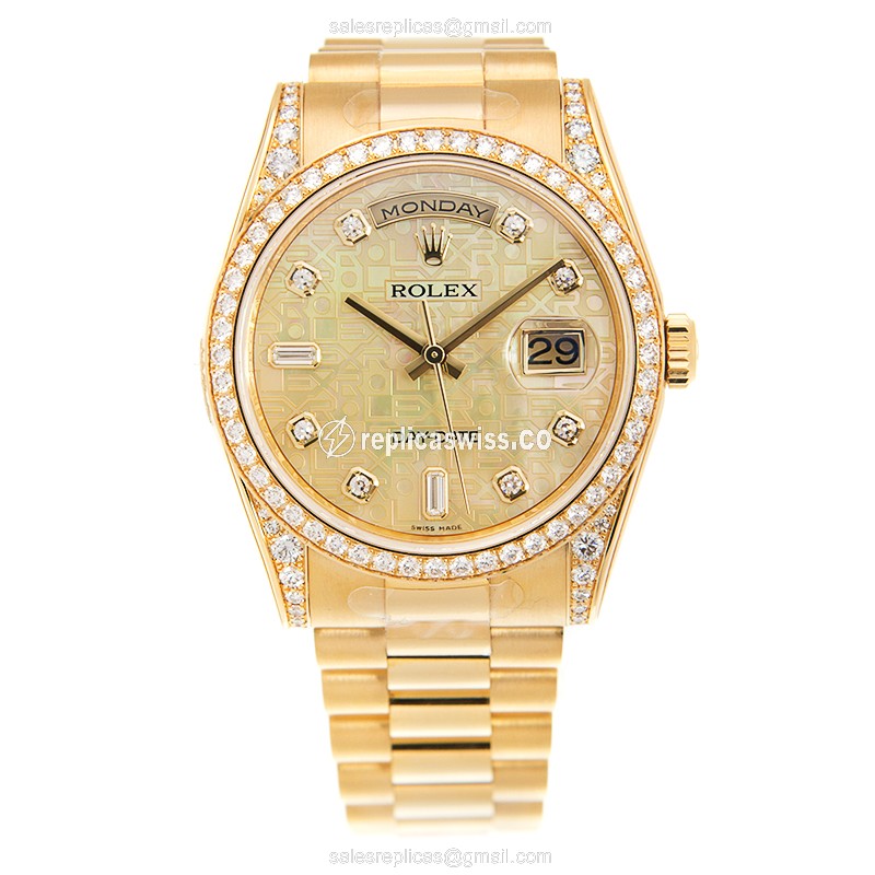 Rolex Day-Date 118388A Replica - Auto - 18kt Gold Case & Diamond - Gold Dial & Strap - View 2
