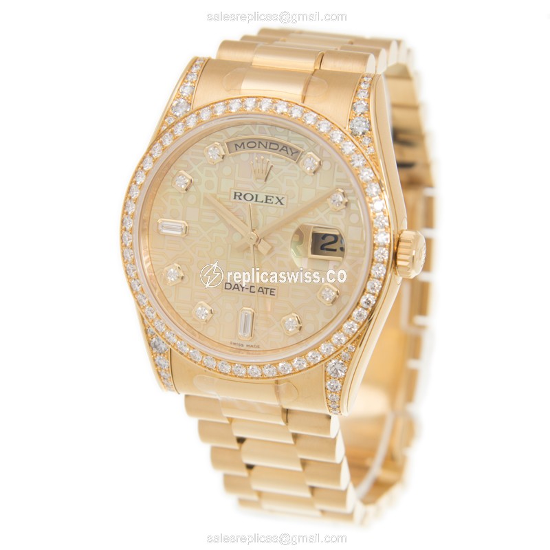 Rolex Day-Date 118388A Replica - Auto - 18kt Gold Case & Diamond - Gold Dial & Strap - View 3