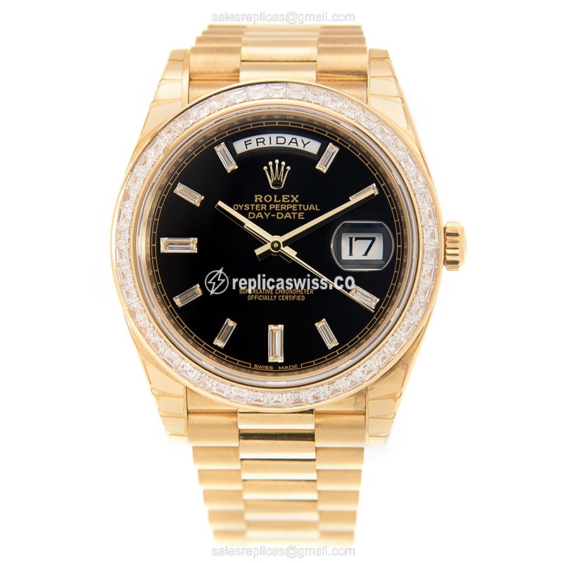 Rolex DAY-DATE Replica - Automatic - 18kt Gold Case - Diamond Bezel - Black Dial - View 2