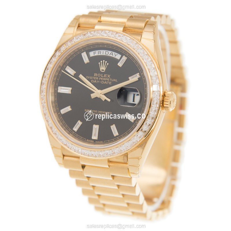 Rolex DAY-DATE Replica - Automatic - 18kt Gold Case - Diamond Bezel - Black Dial - View 3