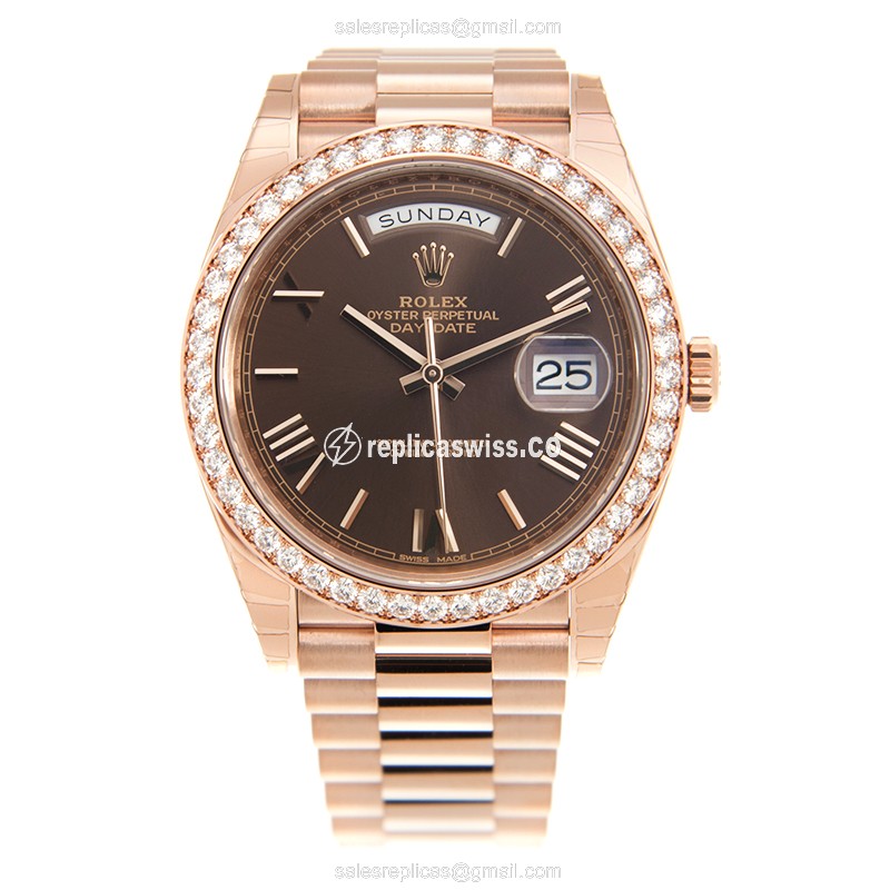 Rolex Day-Date Replica | Automatic | 18kt Rose Gold Case | Diamonds | Brown Dial - View 2