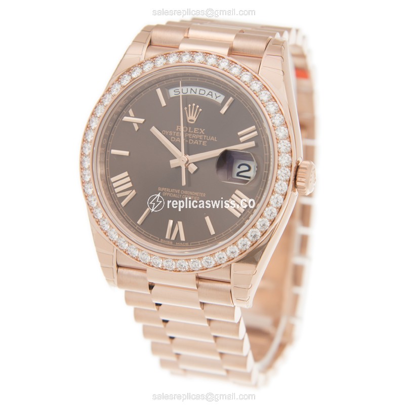 Rolex Day-Date Replica | Automatic | 18kt Rose Gold Case | Diamonds | Brown Dial - View 3