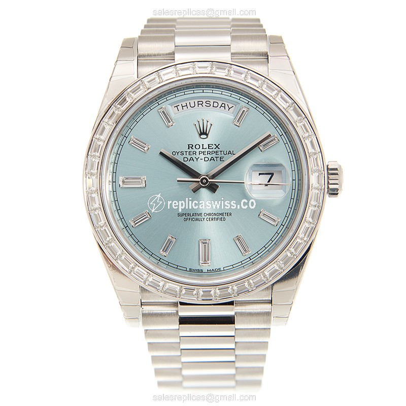 Rolex Day-Date 228396TBR-0002 Replica - Automatic - Platinum Case - Blue Dial - Silver Clasp - View 2