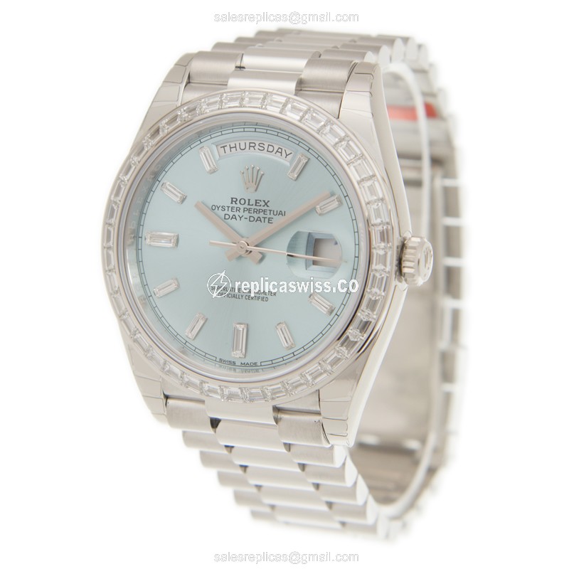 Rolex Day-Date 228396TBR-0002 Replica - Automatic - Platinum Case - Blue Dial - Silver Clasp - View 3