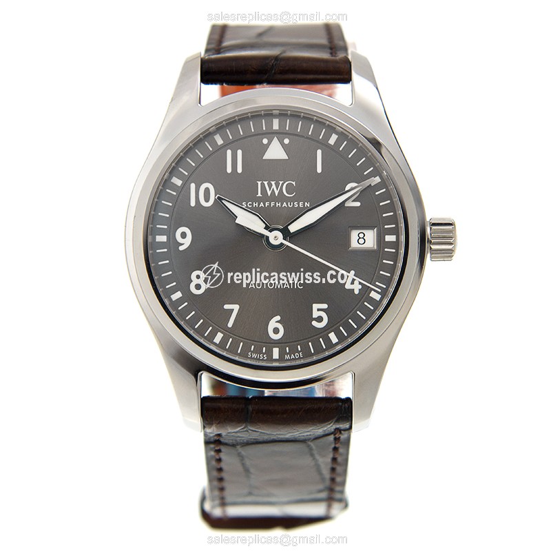 IWC PILOTS Replica - Automatic - Stainless Steel - Gray Dial - Brown Alligator Strap - View 2