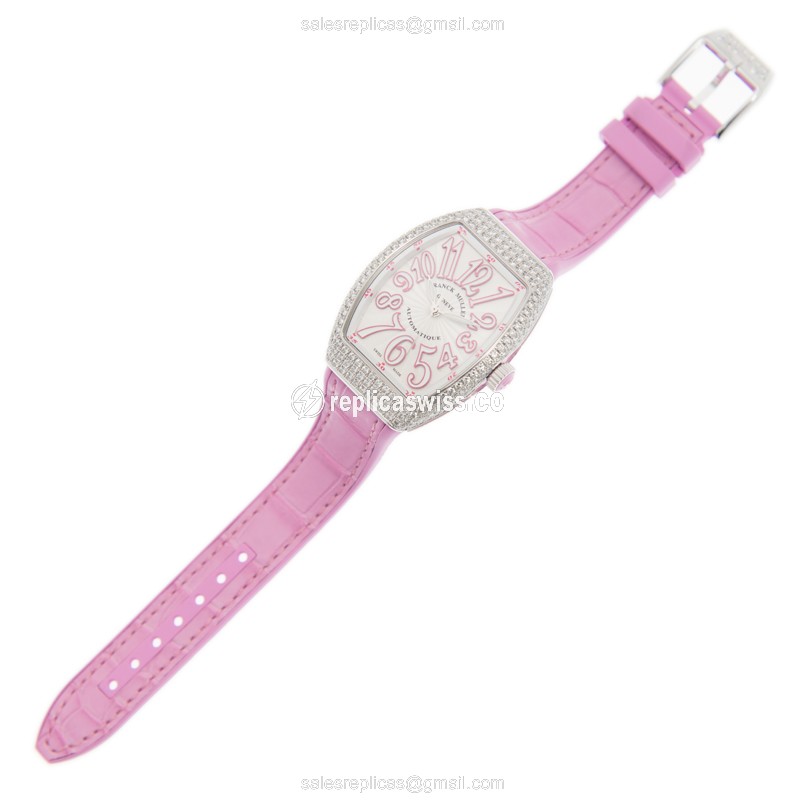 Franck Muller V 32 SC AT FO D AC.RS VANGUARD Automatic - Diamond Case - White Dial - Buckle Clasp, Pink Alligator Strap - View 2