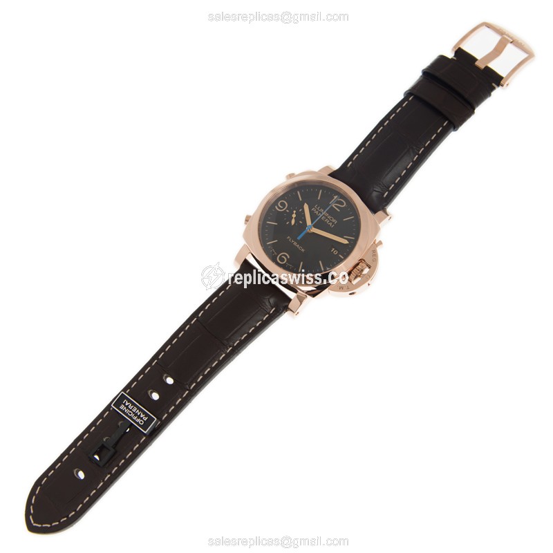 Panerai PAM00525 LUMINOR Replica - Automatic - 18kt Rose Gold - Black Dial - Brown Alligator Strap - View 2