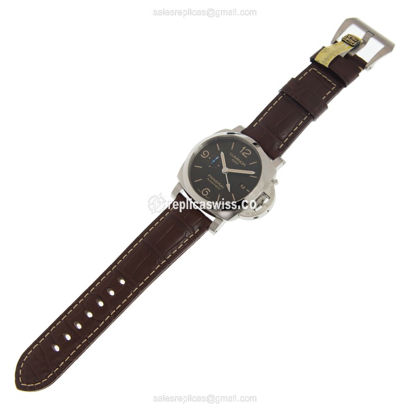 Panerai PAM01320 Luminor Replica - Automatic - Steel Case - Black Dial - Brown Alligator Strap - View 2