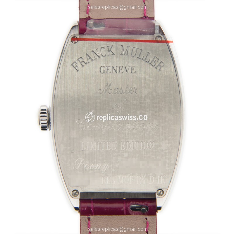 Franck Muller 2852 QZ REL MOP RS D 1RAC Curvex Quartz - Diamond Case - White Dial - Red Alligator Buckle - View 3