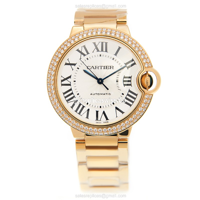Cartier Ballon Bleu Replica - Automatic - 18kt Gold - White Dial - Diamond Bezel - View 2