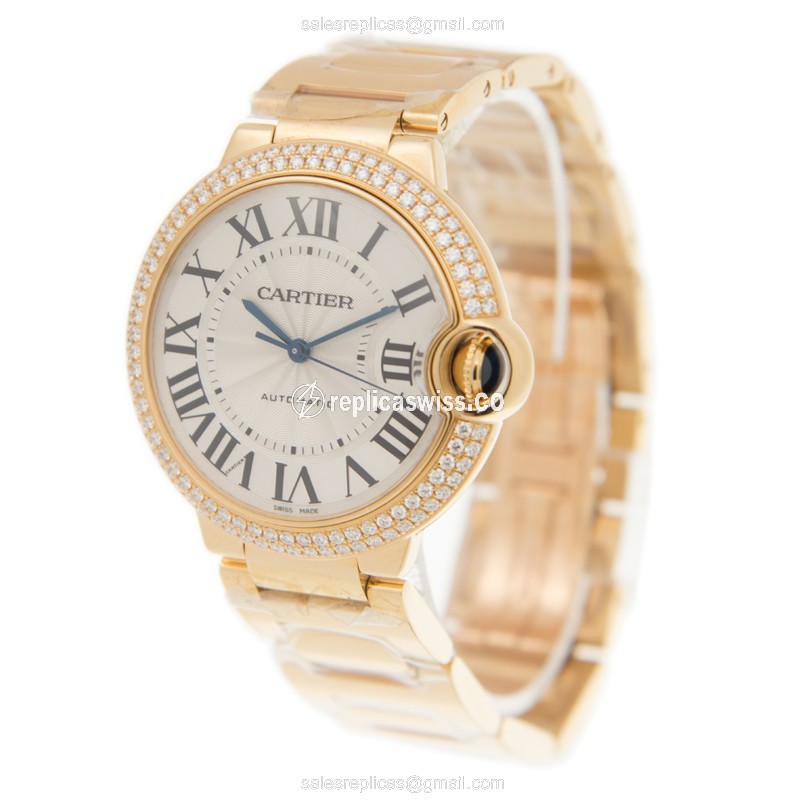 Cartier Ballon Bleu Replica - Automatic - 18kt Gold - White Dial - Diamond Bezel - View 3