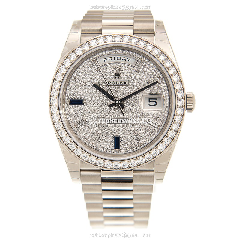 Rolex Day-Date Replica: Automatic 18kt White Gold - Silver Dial on Diamond Clasp - View 2