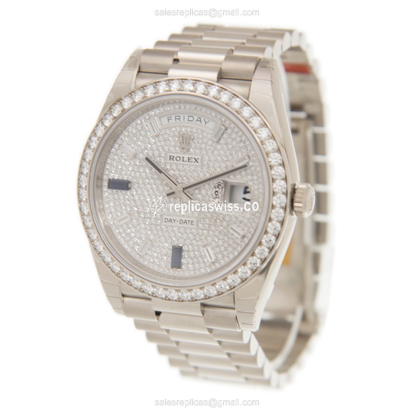 Rolex Day-Date Replica: Automatic 18kt White Gold - Silver Dial on Diamond Clasp - View 3