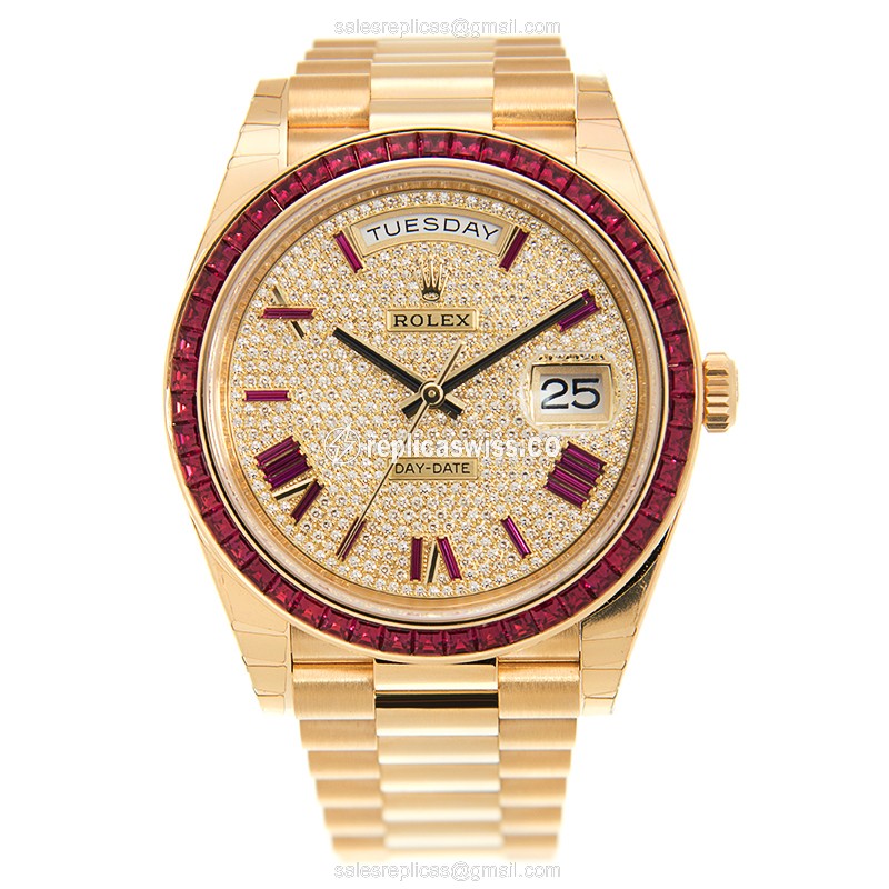 Rolex DAY-DATE Replica | Automatic | 18kt Gold Case, Ruby | Gold Dial | Gold Strap - View 2