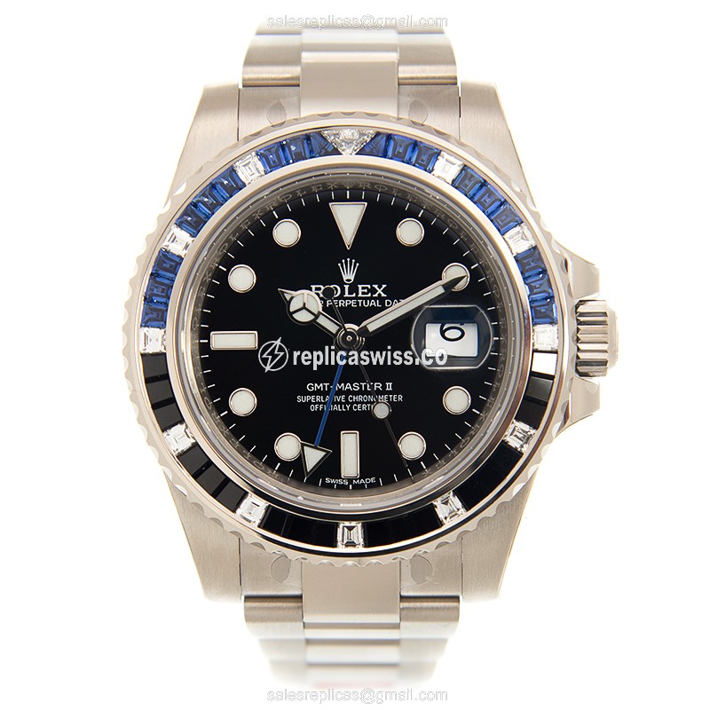 Rolex GMT-MASTER II Replica - Automatic - White Gold - Diamond Bezel - Black Dial - View 2