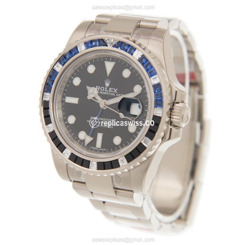 Rolex GMT-MASTER II Replica - Automatic - White Gold - Diamond Bezel - Black Dial - View 3