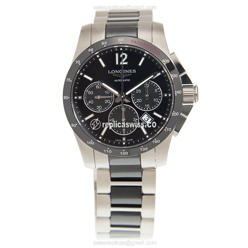 Longines Conquest Replica - Automatic - Ceramic Case - Black Dial - Silver Steel Strap - View 2