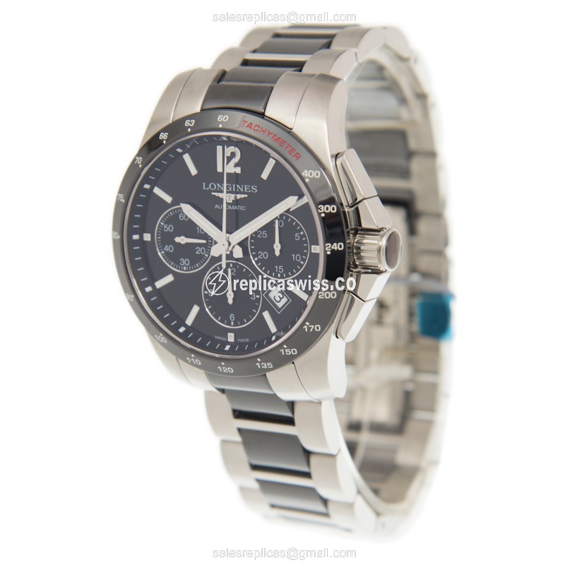 Longines Conquest Replica - Automatic - Ceramic Case - Black Dial - Silver Steel Strap - View 3