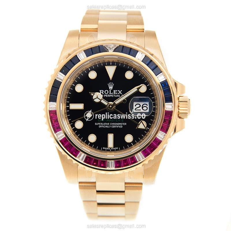 Rolex GMT-MASTER II Replica - Automatic - 18kt Gold - Black Dial, Gold Clasp - View 2