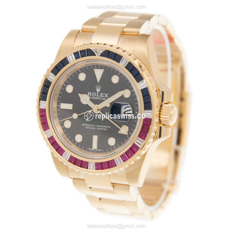 Rolex GMT-MASTER II Replica - Automatic - 18kt Gold - Black Dial, Gold Clasp - View 3