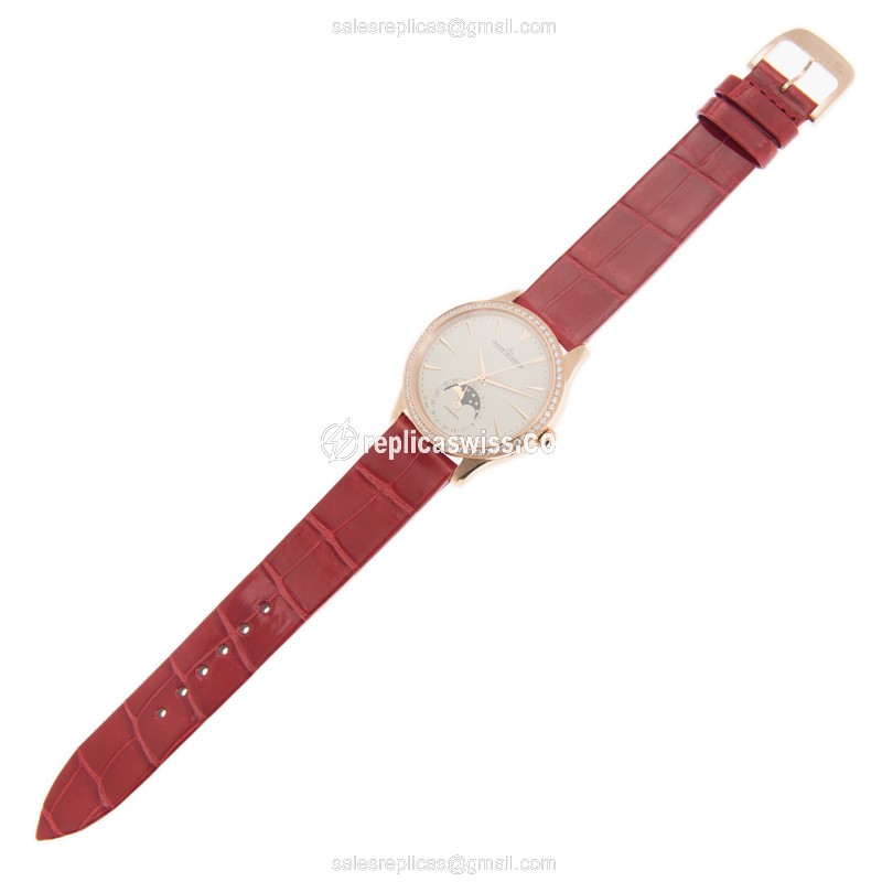 Jaeger-Lecoultre Q1252501 Replica - Ultra Thin - Automatic - 18kt Rose Gold - Diamond - White Dial - Red Leather Strap - View 2