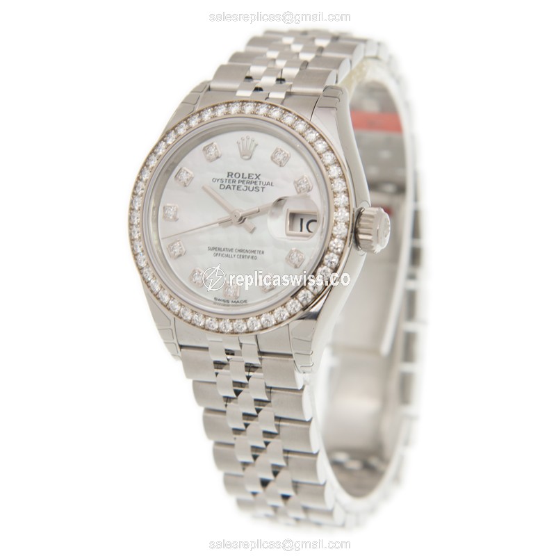 Rolex Datejust Replica - Automatic - White Gold Case - Diamond Bezel - Silver Strap - View 2
