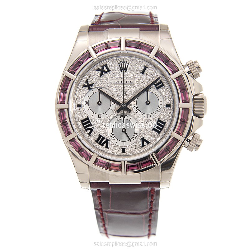 Rolex Daytona Replica - Automatic 18kt Gold - Silver Dial - Red Alligator Strap - View 2