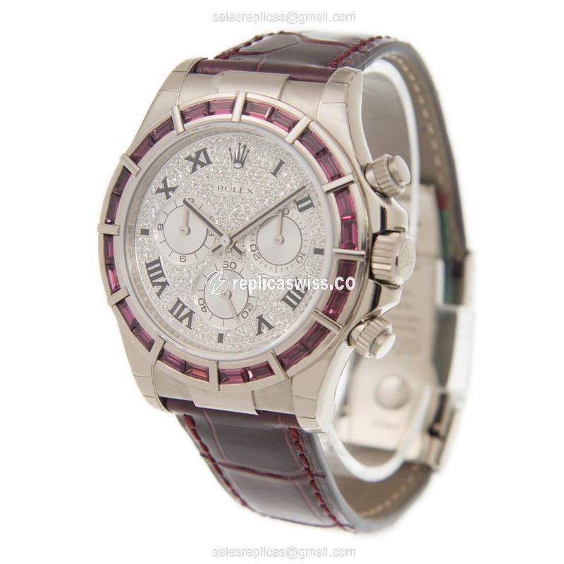 Rolex Daytona Replica - Automatic 18kt Gold - Silver Dial - Red Alligator Strap - View 3