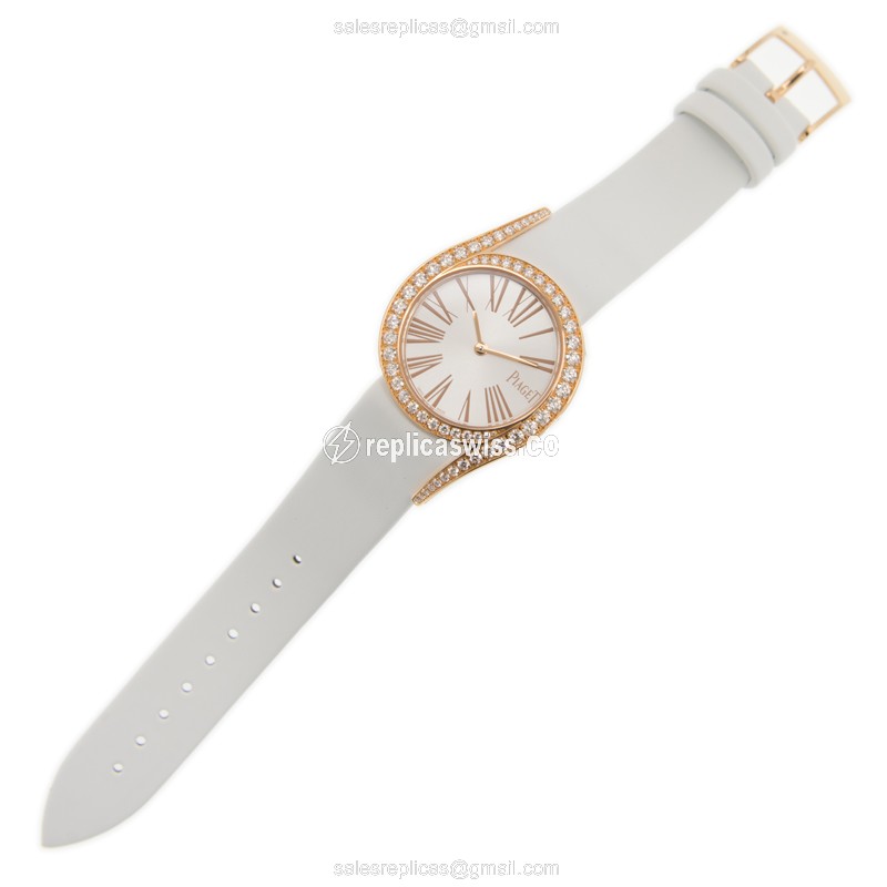 Piaget Limelight Replica - Quartz - 18kt Rose Gold - Diamond Accents - White Dial - Satin White Strap - Buckle Clasp - View 2