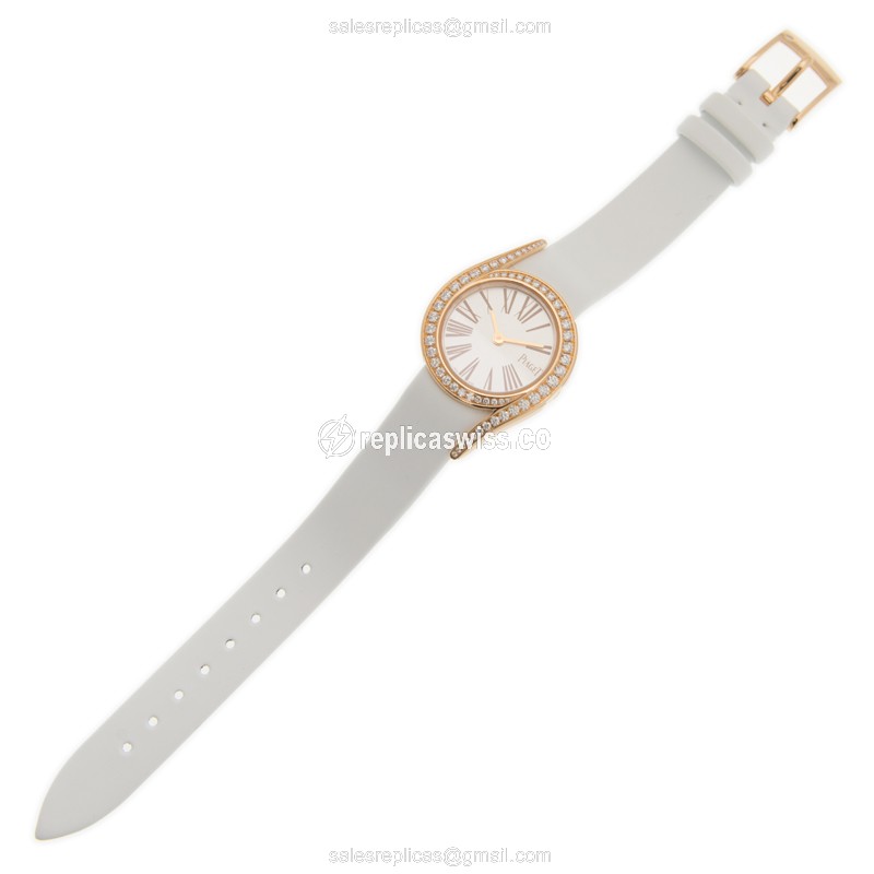 Piaget Limelight Replica - Quartz - 18kt Rose Gold - Diamond - White Dial - Satin White Strap - Buckle Clasp - View 2