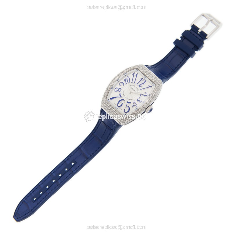 Franck Muller V 32 SC AT FO D AC.BU Vanguard - Automatic - Diamond Case - White Dial, Blue Alligator Strap - View 2