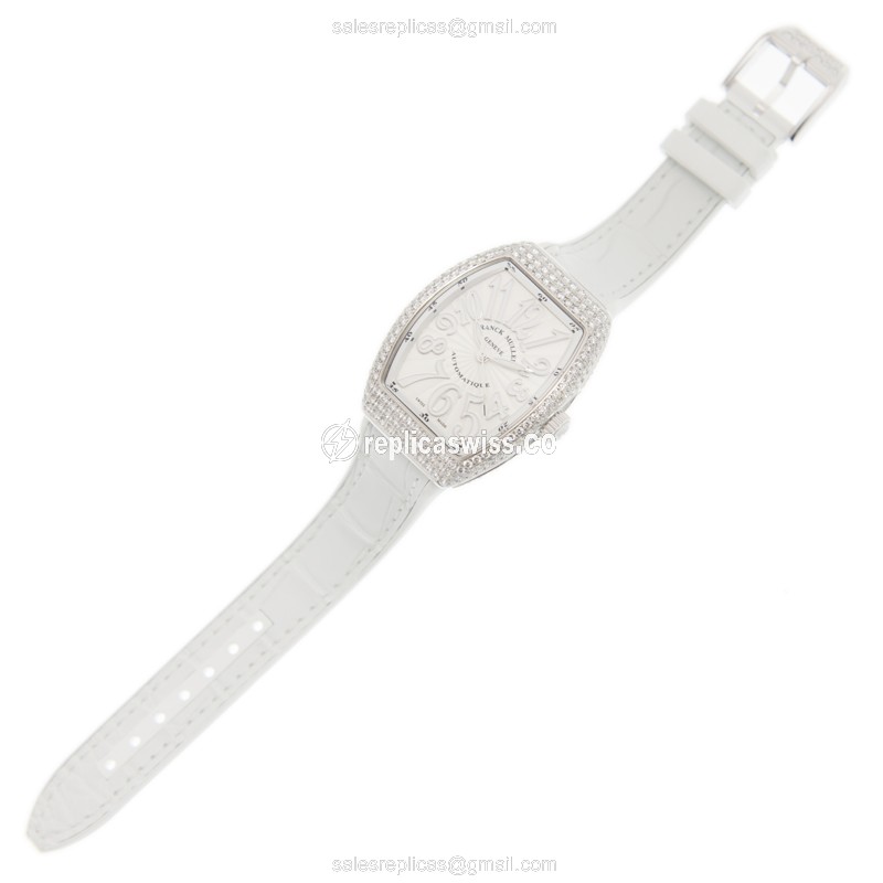 Franck Muller V32 SC AT FO D - Automatic - Stainless Steel & Diamond Case - White Dial - Alligator White Strap - View 2