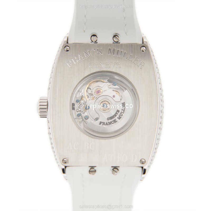 Franck Muller V32 SC AT FO D - Automatic - Stainless Steel & Diamond Case - White Dial - Alligator White Strap - View 3