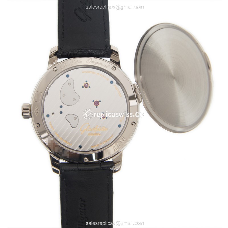 Glashutte PANO Replica - Manual Wind - 18kt White Gold - Silver Dial - Black Alligator Strap - View 3