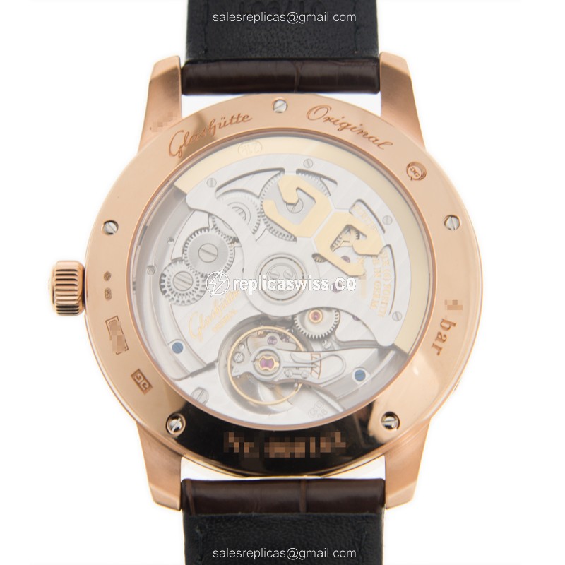 Glashutte Senator Replica - Manual Winding - Skeletonized - 18kt Rose Gold - White Dial - Brown Alligator Strap - View 3