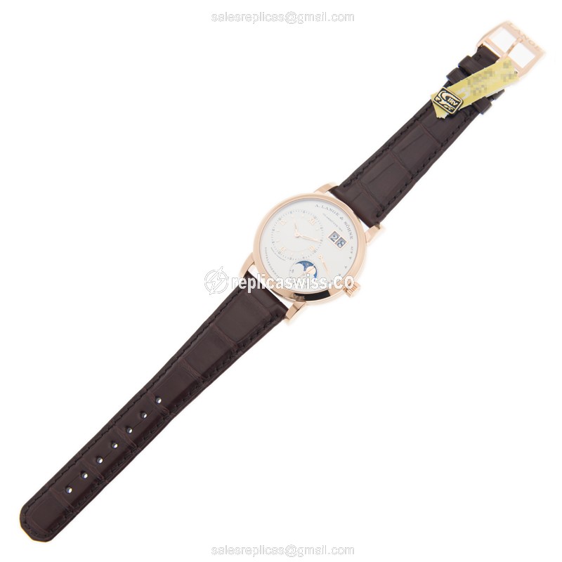 A Lange & Sohne LANGE 1 Replica - Automatic - 18kt Rose Gold - White Dial - Brown Alligator Strap - View 2