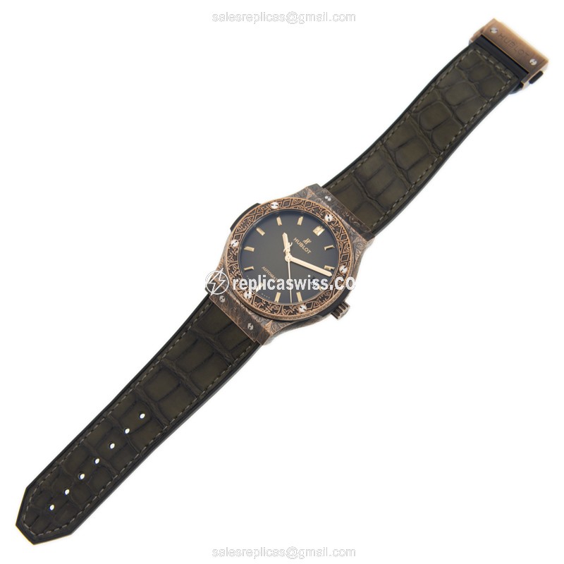 Hublot Classic Fusion Replica - Automatic - Bronze Case - Green Dial - Alligator Green Strap - View 2